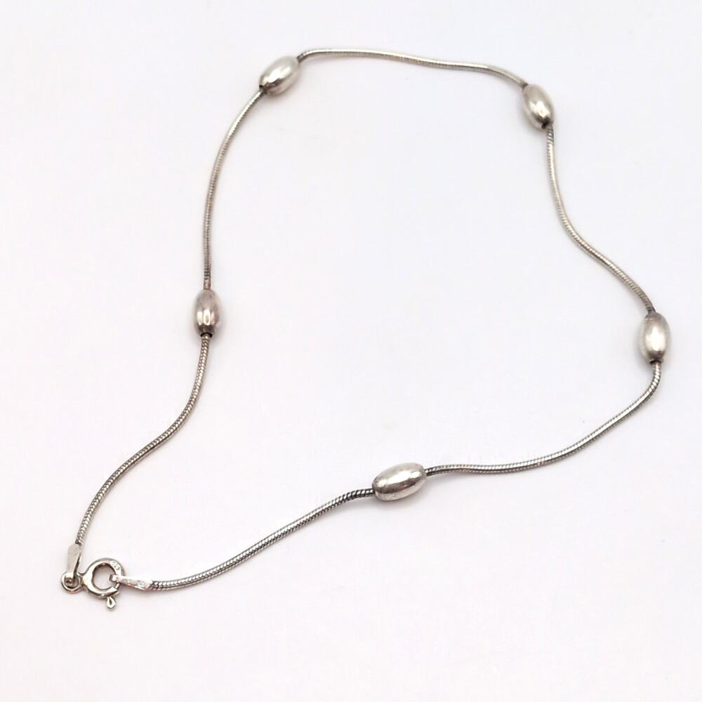 Vintage Sterling Silver 925 Oval Ball Bead Station Chain Anklet Ankle Bracelet